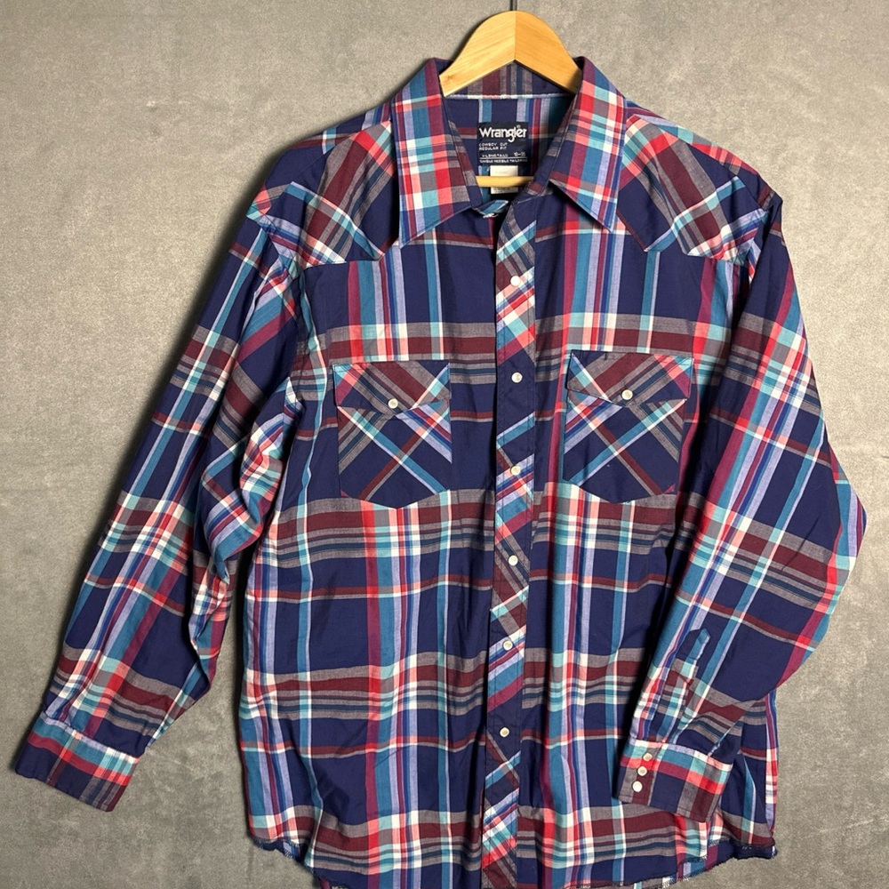 Vintage Wrangler Western Shirt Mens 18-35 Cowboy Cut X-Long Tails Pearl Snap L/S